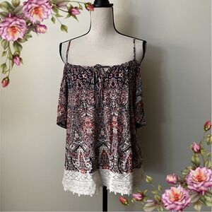 Maurice’s could shoulder short sleeve paisley lace detailed loose fit blouse